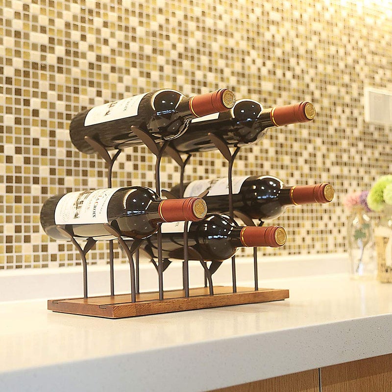 ALLCENER Countertop Bottle Rack, Tabletop Wood Bottle Holder, Hold 6 Bottles, Perfect for Home Decor & Kitchen Storage Rack, Bar, Cellar, Cabinet, Pantry, etc, Wood & Metal (Bronze) - Image 2